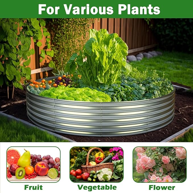 OUSHENG 5x5x1ft Round Galvanized Raised Garden Beds Outdoor, Steel Fire Pit Ring Flower Planter Large Metal Above Ground Boxes Kit for Gardening Vegetables Outside