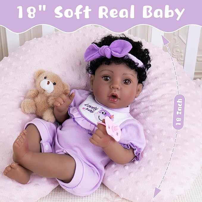 Reborn Baby Doll 18" African American Baby Dolls, Realistic Newborn Girl with Poseable Limbs, Weighted Body & Handcrafted Features, Collectible Gift Set Includes Bassinet Outfit & Accessories