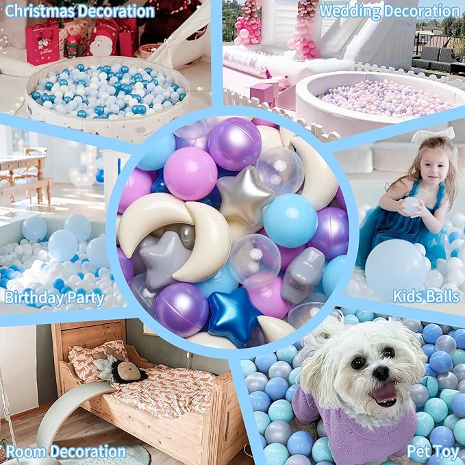 GOGOSO Ball Pit Balls Stars Moon Shapes Plastic Pitballs for Toddler Play Tent Baby Photo Props Kids Pool Water Toys Kiddie Pool Party Decor,Blue Purple,100pcs