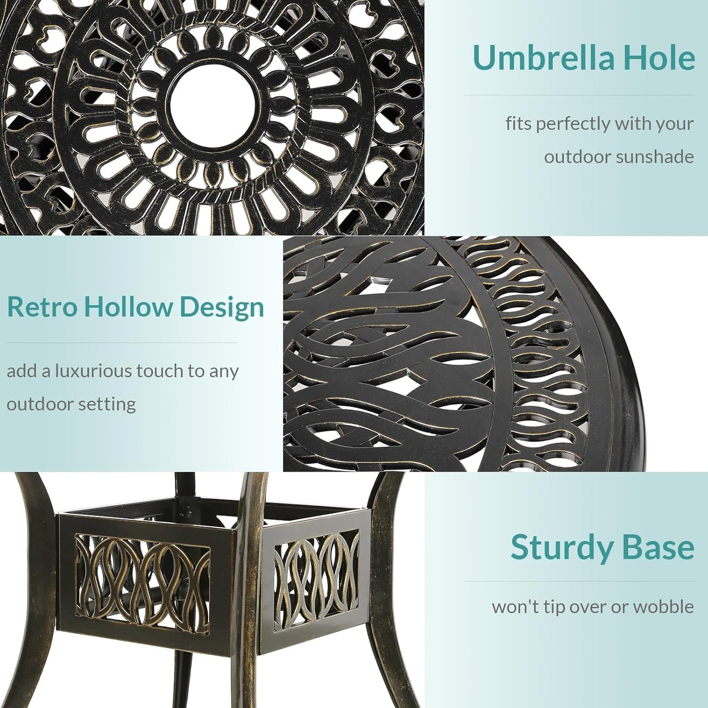 MEETWARM 3 Piece Patio Bistro Set, Outdoor All-Weather Cast Aluminum Dining Furniture Set Includes 2 Chairs with Cushions and a 35.4” Round Table with Umbrella Hole for Garden Deck, Navy Blue