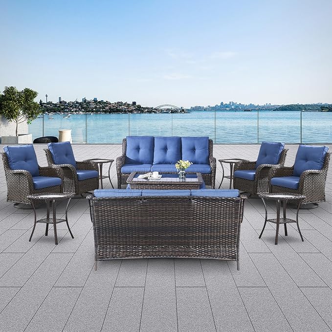 Wicker Patio Furniture Sets - 13 Piece Outdoor Rattan Furniture Conversation Sets with 4 Swivel Rocker Chairs, 2 Rattan Sofas, Wicker Ottomans and Coffee Table, Brown/Blue
