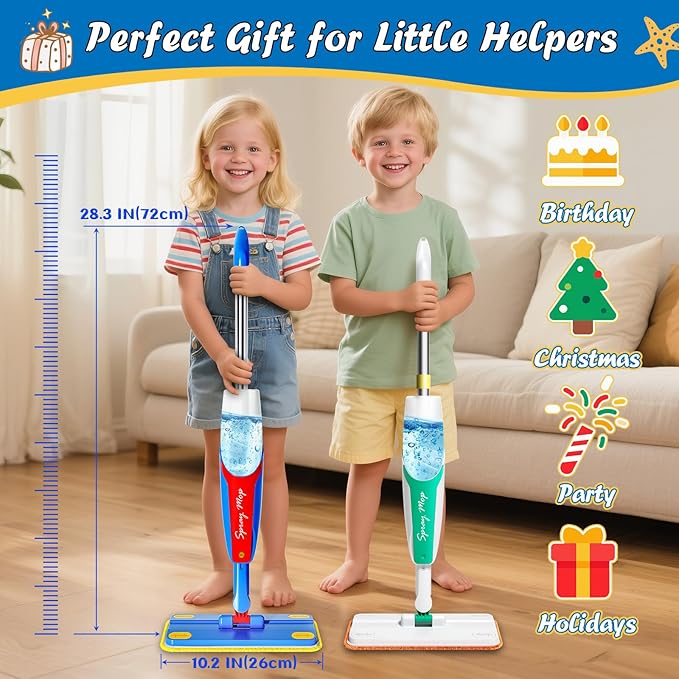 Kids Cleaning Toy Set - Toddler Cleaning Set with Real Working Kids Spray Mop, Microfiber Pads, Cloth & Scraper | Role Play Educational Toys for Boys Girls, Montessori Toddler Toys Gifts