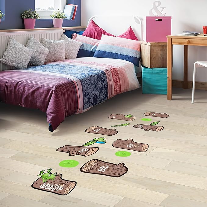 Classroom Decor Sensory Path Decals for Floor & Wall - Frog Hopping Game on Wooden Logs Hopscotch Floor Stickers for Boosting Gross Motor Skills