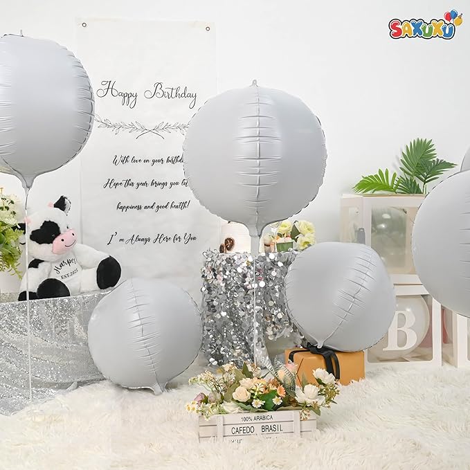 Giant 4D Foil Balloons, 6Pcs Large Metallic White Round Balloons, 22 Inch Big Round Foil Balloon for White Birthday Party Baby Shower Wedding Decorations