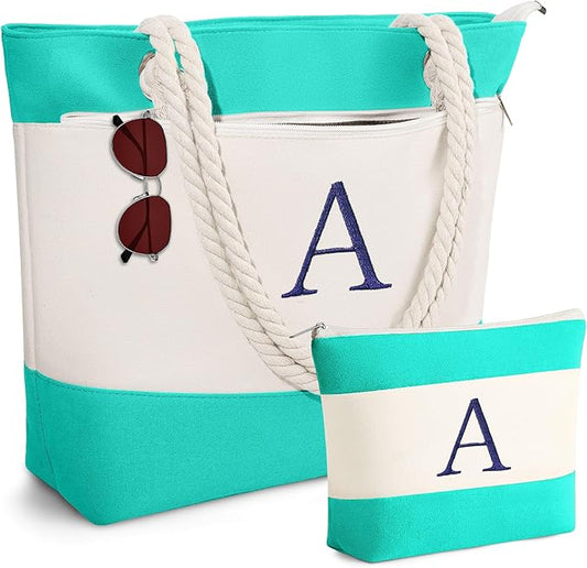 YOOLIFE Beach Bags for Women - Initial Tote Waterproof Bag with Makeup Bag, Mothers Day Gifts for Women Mom Friend Birthday