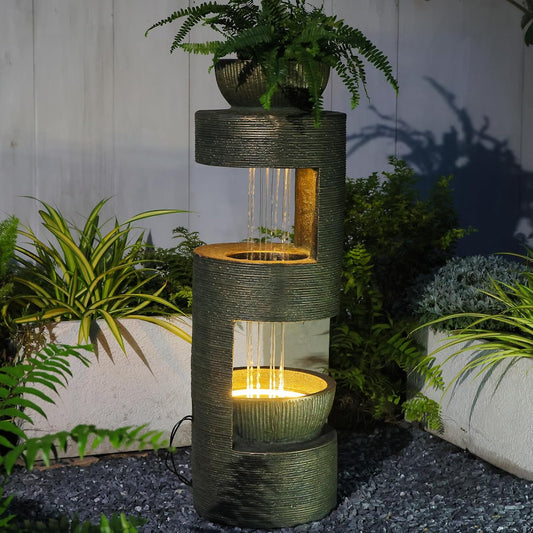 37.8" Outdoor Fountain with Waterfall & LED Lights, Freestanding Garden Water Fountain for Patio/Backyard, Resin Tiered Fountain with Pump
