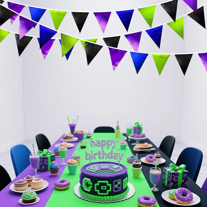 Video Game Party Decorations Black Blue Green Purple Metallic Fabric Triangle Pennant Banner Flag Bunting for Men Boys Birthday Graduations Retirement Wedding Bachelorette Video Game Party Supplies