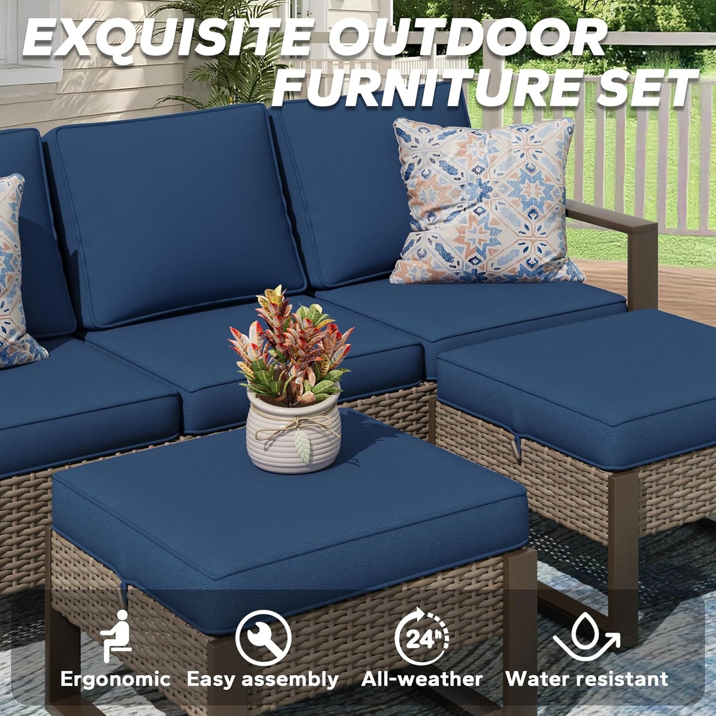 5 Pieces Metal Wicker Patio Furniture Set with 75" Sofa, Two Swivel Chairs and Two Ottomans, All Weather Rattan Outdoor Conversation Furniture with Washable Cushions for Porch, Dark Blue