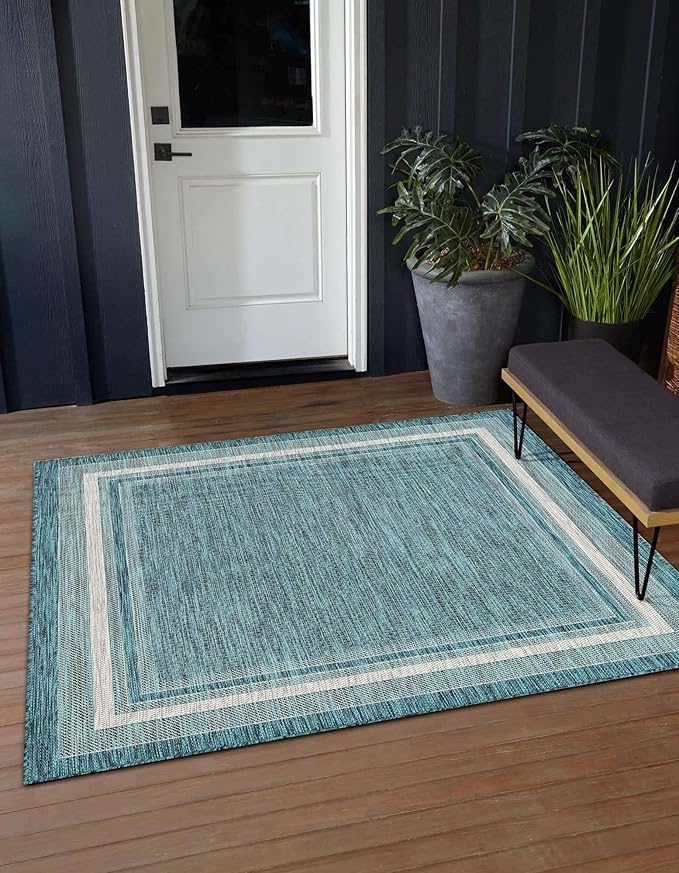 Unique Loom Outdoor Border Collection Area Rug - Soft Border (5' 1" Square, Teal/ Ivory)