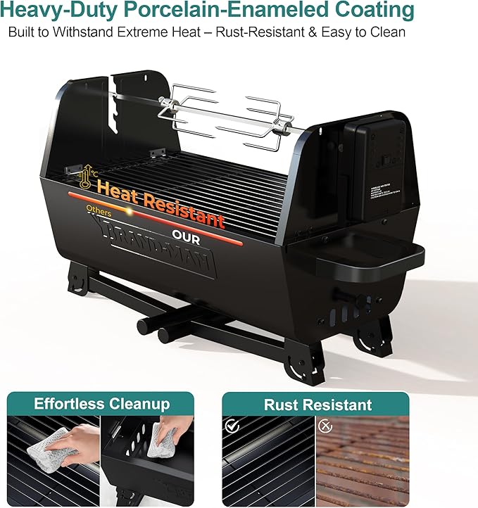 Brand‑Man 2‑in‑1 Charcoal BBQ Grill with Motorized Rotisserie – Portable, Foldable Grill, 257 sq in Outdoor BBQ Grill for Camping & Tailgate, Adjustable Height, Dual Vents