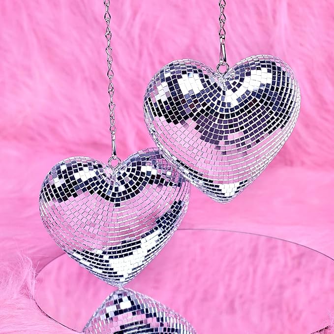 Disco Balls 2 Pack Silver Heart-Shaped Stage Mirror Balls Hanging Decor for Party, Room, Wedding, Garden, Retro Reflective Disco Ball Handmade Gifts (6.3 inch)