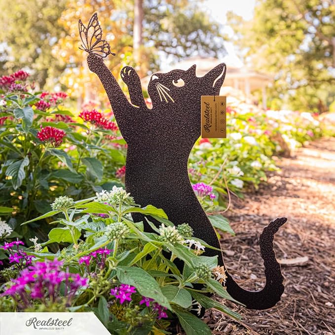 RealSteel I 3 Pack Steel Cat Garden Decor I Outdoor Yard Decorations I Gift for Cat Lovers I Lawn Ornaments and Statues I Garden Signs Decorative Outdoor - Rust