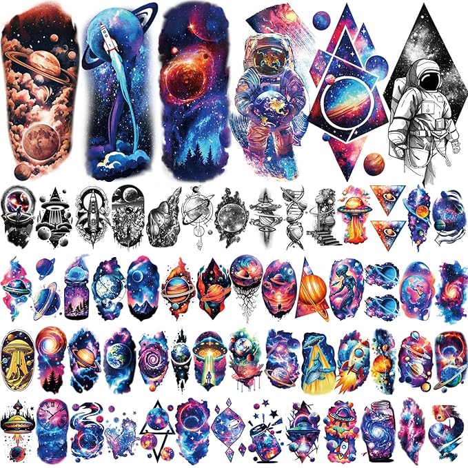 77 Sheets Temporary Tattoos, 17 Sheets Space Planet Astronaut Rockets Half Arm Fake Tattoo for Adults Men Women, 60 Sheets Small Waterproof Lasting Stickers Tattoo for Boys Girls Kids Party