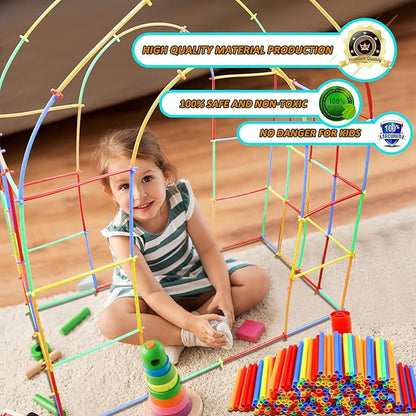 Ggiibro Straw Constructor Toys 800Pcs STEM Building Toy for 3+ Year Interlocking Plastic Engineering Toys Thin Tube Blocks Educational Toy Kit for Indoor Kids Toy with a Storage Box