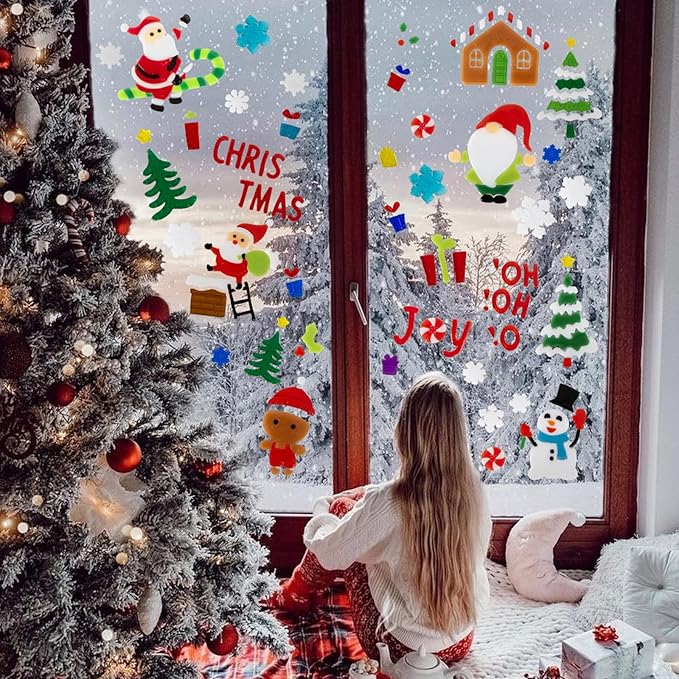 6 Sheet Christmas Window Clings Gel,Snowman,Gingerbread Man,Christmas Tree, Santa Claus, Snowflakes, Christmas Stickers for Glass Windows, Window Clings Christmas Decorations