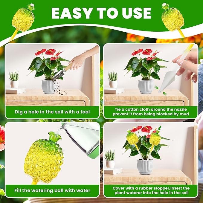 HYH Plant Watering Globes 2 Pack Self Watering Planter Spikes Insert for Indoor & Outdoor Pineapple Large Capacity Watering Device Plant Watering Bulbs Made from Hand-Blown Glass Plant Lover Gifts