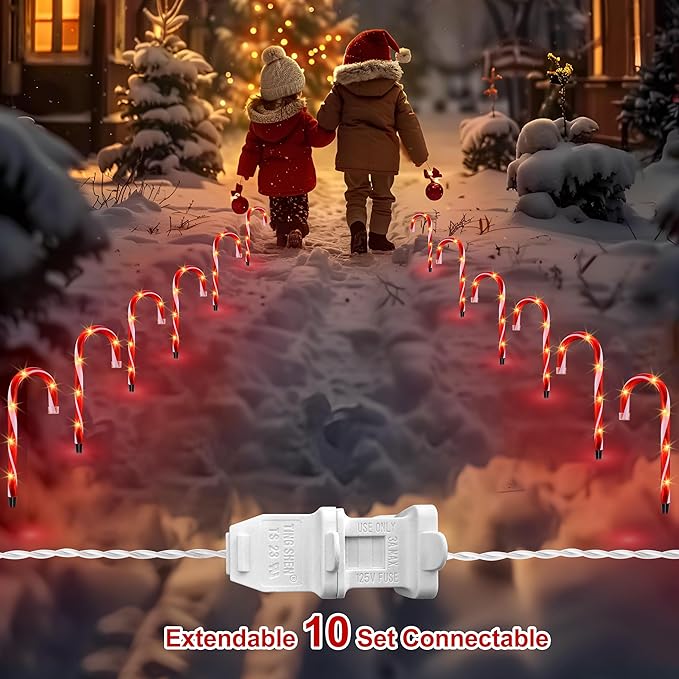 VCOKEN 10'' Christmas Candy Cane Pathway Markers Lights - Set of 10 Christmas Stakes Lights Outdoor Pathway Decorations, Connectable & Light Up Xmas Holiday Party Yard Art Indoor Outdoor Ornament