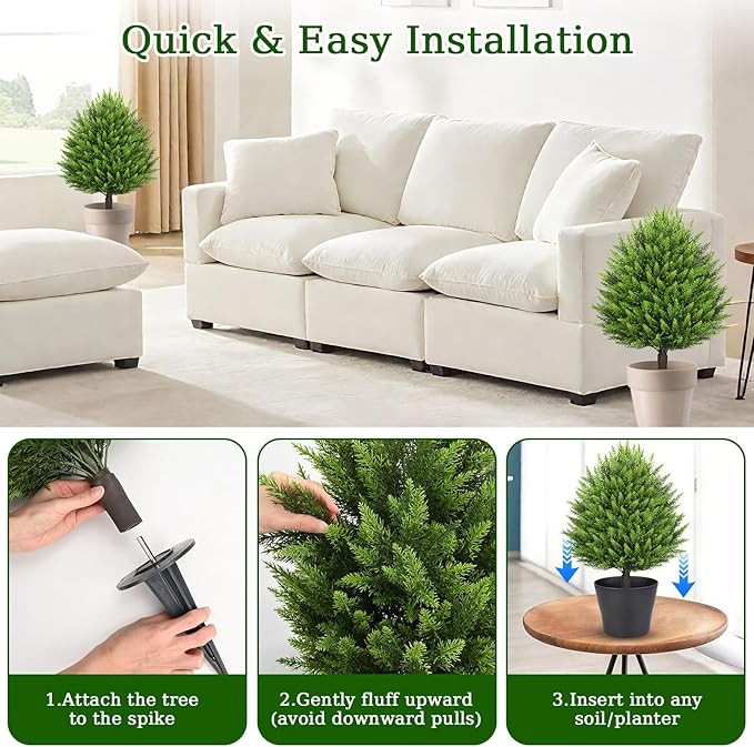 31" Artificial Cedar Topiary Ball Trees with Ground Spike,2 Pack Fake Pine Shrubs Bushes, UV Resistant Faux Evergreen Cypress Tree Plants for Indoor Outdoor Planters Front Porch Garden Decor