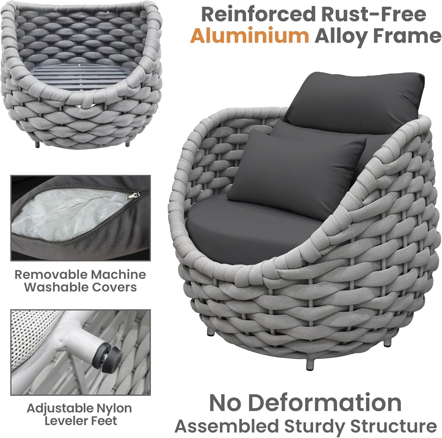 Woven Rope Patio Furniture Set: 4 Pieces Aluminum Outdoor Conversation Sofa Set Assembled - Modern Couch Set Cushioned - All Weather Metal Porch Seating for 5 Person Deck Garden Hotel Resort