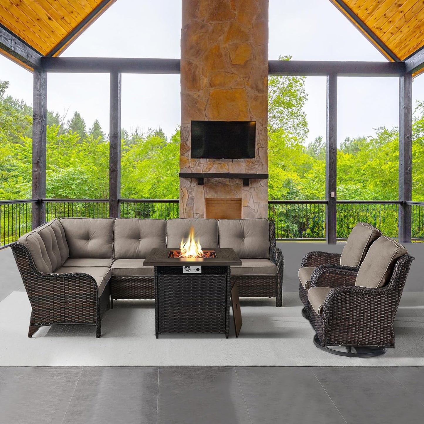 Outdoor Sectional Sofa Furniture Set with 50000BTU Propane Fire Pit Table, Wicker Patio Conversation Set with 2 Swivel Glider Rocker Chairs Grey Cushion Perfect for Backyard Casual Gathering