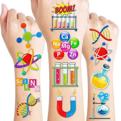 96PCS Funny Science Temporary Tattoos Mad Scientist Laboratory Themed Birthday Party Decorations Favors Supplies Decor Math Chemistry Experiment Tattoo Stickers Gifts For Kids Boys Girls School Prizes