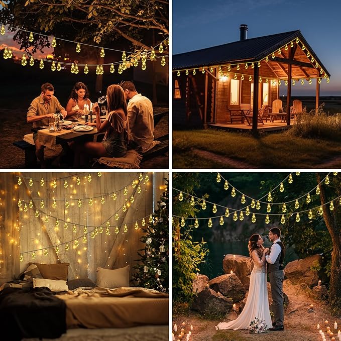 Solar Outdoor String Lights 2PCS 24FT Vintage Rope Hemp Solar Lights with 20 Shatterproof Bulbs,8 Modes Solar Powered Lights with Memory Function,Waterproof for Fence,Yard,Camping(Warm White)