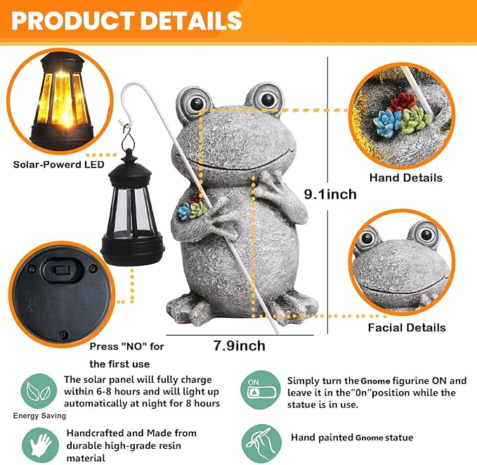 Frog Solar Garden Statues Garden, Resin Frog Figurine Decorations, Outdoor Frog Garden Decor Art for Lawn,Yard, Unique Housewarming Gift for Garden Home