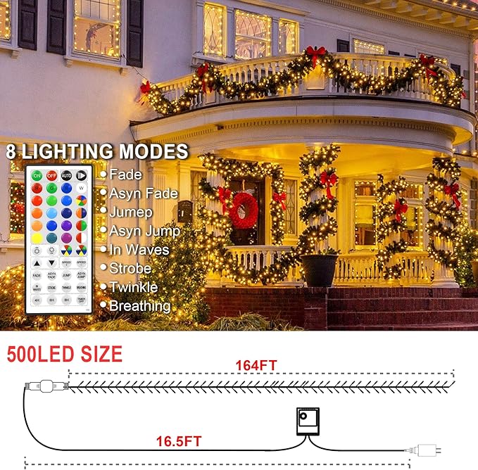 164 FT 500 LED Christmas String Lights, Waterproof RGB String Lights with Remote Control&Timer Function, 24 Colors Changing Fairy Lights for Indoor Outdoor Room Wall Christmas Tree Party Decoration