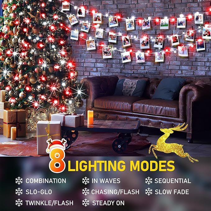 KNONEW 197FT 500 LED Christmas Lights Outdoor String Lights 8 Modes & Memory Fairy Light Plug in Waterproof LED String Lights for Xmas Yard Tree Wedding Party Holiday Decorations (Red and White)