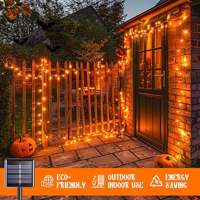 JMEXSUSS 2 Pack Orange Halloween Lights: 100 LED 33ft Solar Halloween Lights Outdoor Waterproof - 8 Modes Orange Lights for Halloween Outside Tree Gardens Party