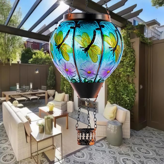 2 Pack Dragonfly Hot Air Balloon Solar Lantern Outdoor Waterproof, Glass Balloon Lanterns for Outside, Decorative Hanging Solar Lights Patio Garden Yard Gift for Women Moms