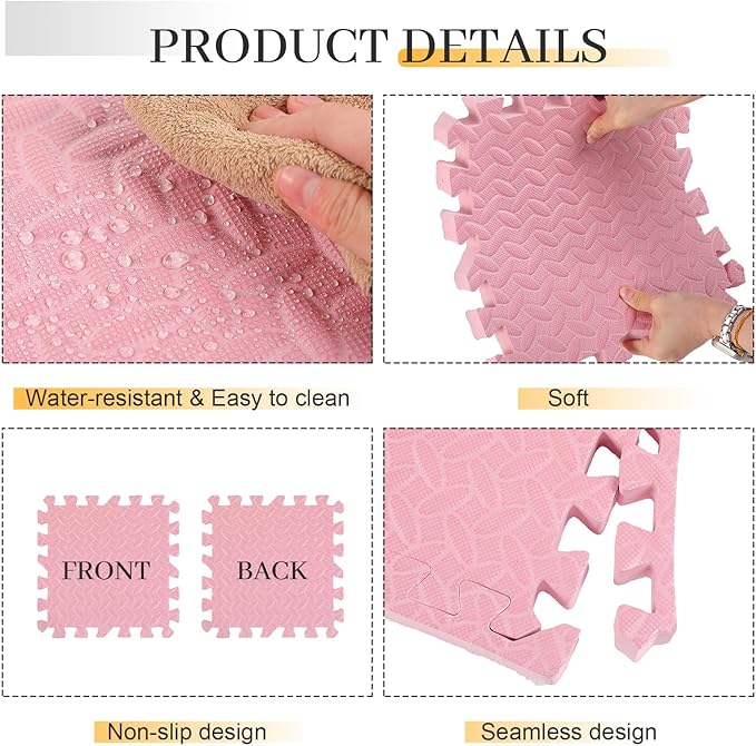 12 Tiles 12x12x1 Inch EVA Thick Interlocking Foam Floor Tiles Puzzle Exercise Mat Play Foam Mats for Boys Girls Baby Pets Home Classroom Nursery Gym(Pink)