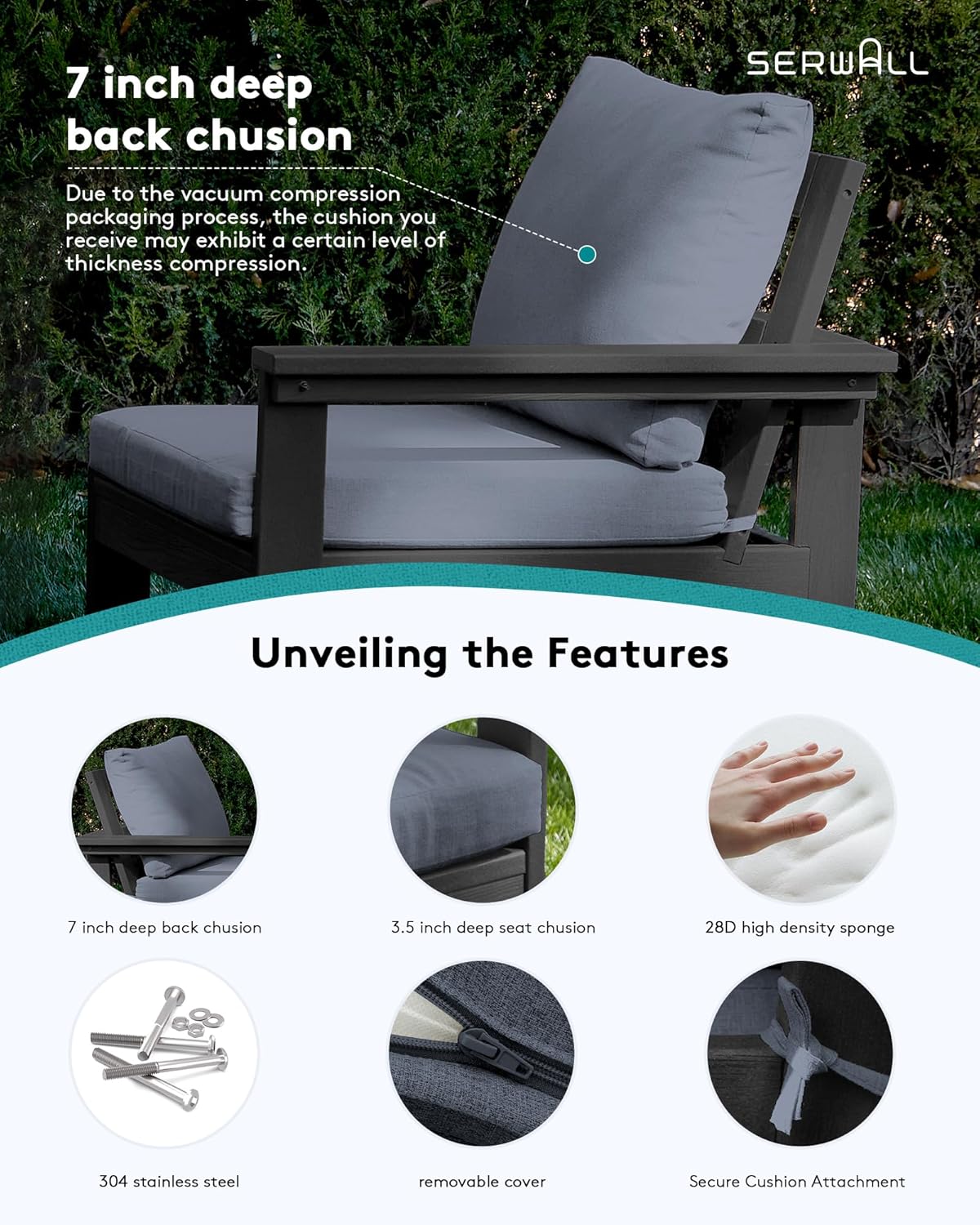 SERWALL HDPE Patio Sofa Set, 4-Piece Sectional Outdoor Furniture Set, All Weather Outdoor Couch Set Patio Furniture Set for Deck, Lawn, Black Frame with Grey Cushion