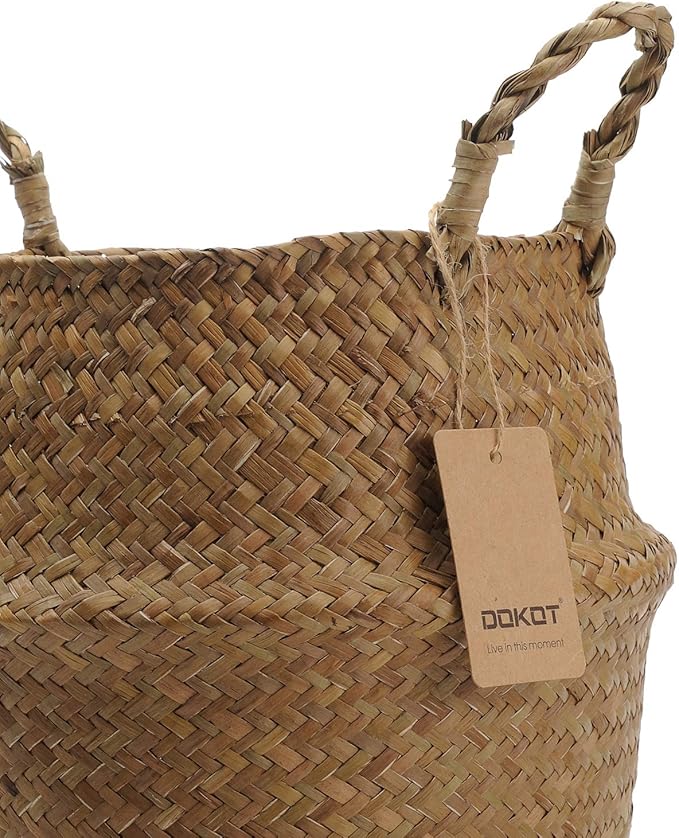 DOKOT Seagrass Plant Basket with Handles, Woven Storage Basket, 7inch Diameter x 8inch Height
