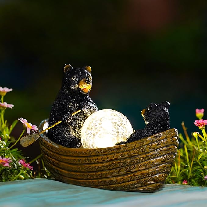 Goodeco Solar Bears Boating Statue - Waterproof Outdoor Bear Decor with Solar Gazing Ball Lights - Great Gift for Bear Lovers and Garden Enthusiasts - Ideal Gifts for Mom & Birthdays