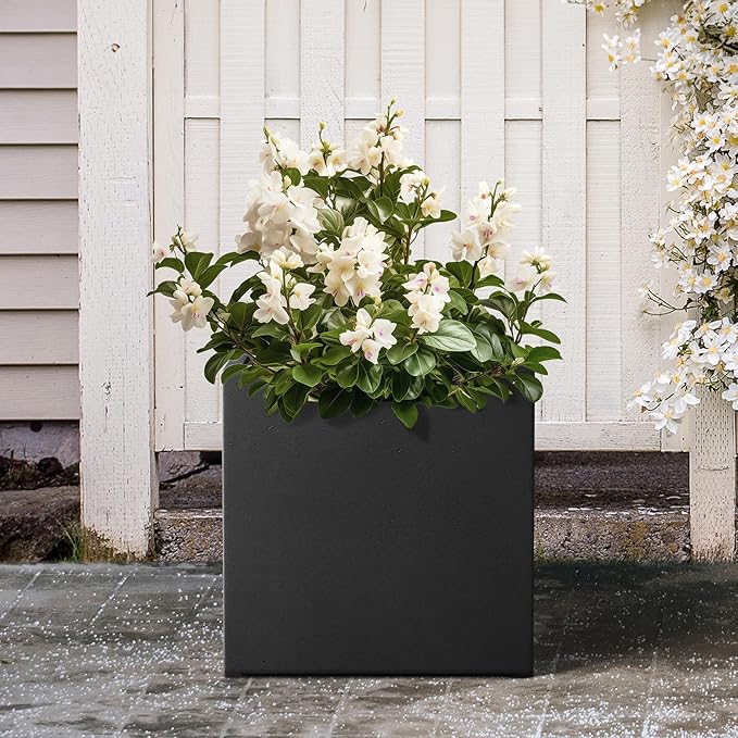 Kante 10 Inch Square Concrete Planter for Outdoor Indoor Home Patio Garden, Large Plant Pot with Drainage Hole and Rubber Plug, Black
