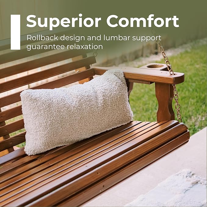 Amish Casual 5 Foot Roll Back Porch Swing with Cup Holders in Unfinished - Amish Made in The USA from Treated Pine Heavy Duty 700 Lb. Weight Capacity