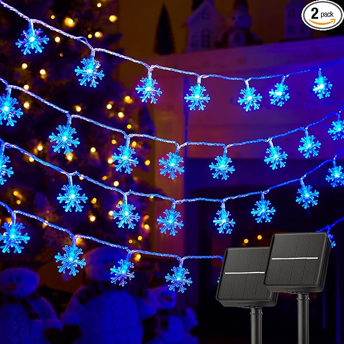 Solar Christmas Snowflake String Lights 2-Pack 100 LED 78FT Outdoor Waterproof Fairy Lights with 8 Lighting Modes for Wedding, Party, Tree, Room, Garden, Patio, Yard, Home(Blue)