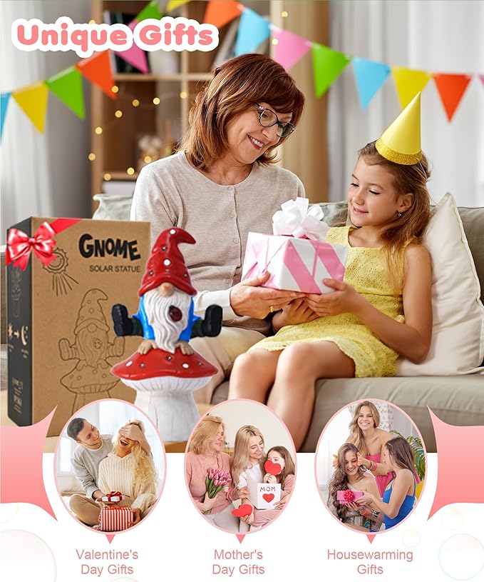 Solar Gnome Statues Outdoor Decor: Garden Figurines Sculpture with Mushroom for Yard Porch Patio Balcony - Gifts for Mother Grandma