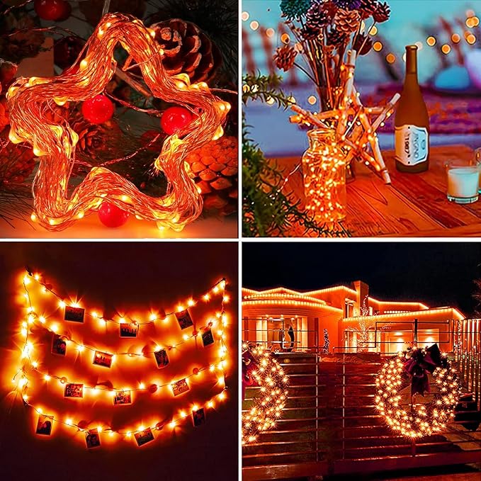 RUICHEN Orange Dimmable Fairy Lights Plug in, 99 Ft 300 LED Twinkle String Lights with Remote, Waterproof Silver Wire Firefly Lights for Bedroom, Patio, Yard, Christmas, Halloween, Party