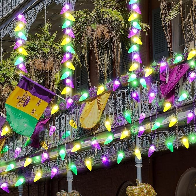 Solar Mardi Gras Lights, Yellow Green Purple Decor Lights, 100 LEDs 8 Modes Waterproof Solar Outdoor C6 Strawberry Garden Lights for Mardi Gras, Camping, Holiday, Arbor, Fence, Balcony Decorations