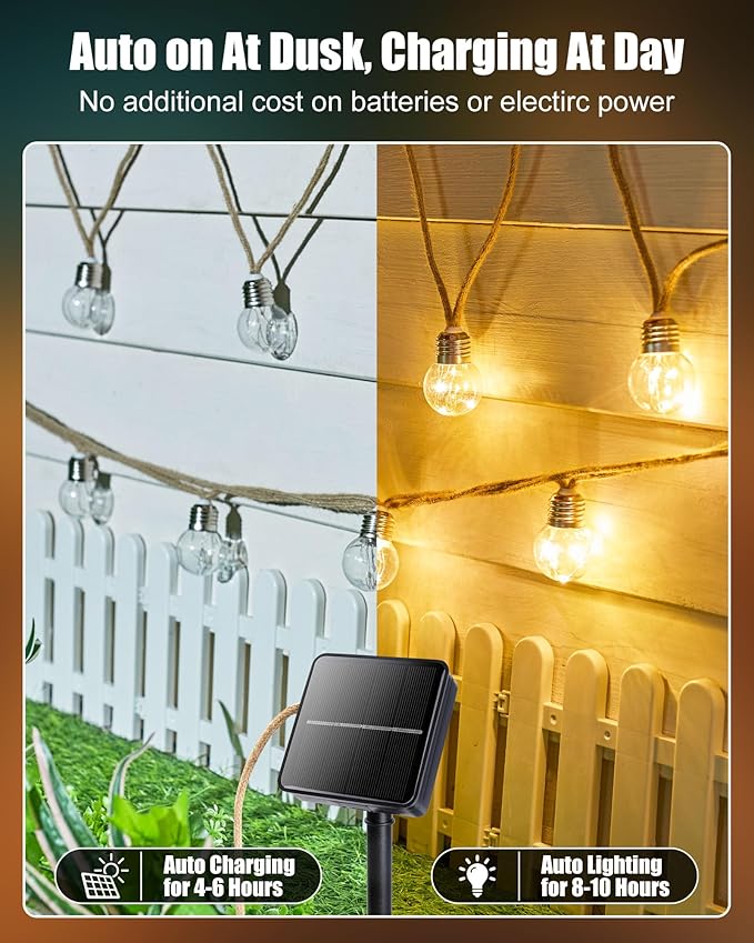 Brightown Solar String Lights Outdoor, 30Ft Vintage Hemp Rope Solar Patio Lights with 15 Shatterproof Bulbs, 8 Light Modes Waterproof Hanging Lights for Backyard Fence Café Bistro Decor, Warm White