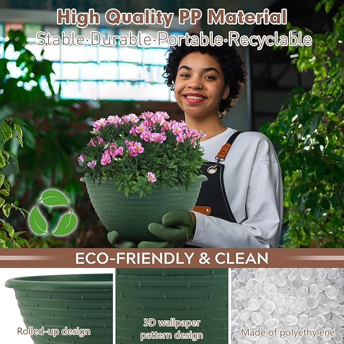 Quarut Large-Planter-Indoor-Outdoor Plant Pots, 12 inch 4 Pack Flower Pots with Saucer and Drainage Holes, Modern Planters for Planting Medium Large Plants,Decorative Resin Garden Pots(Green)