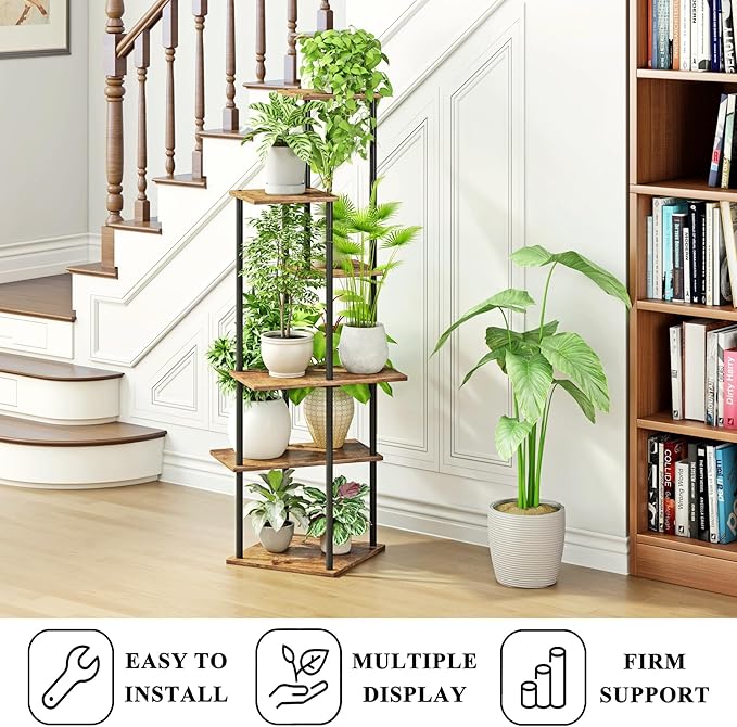 Plant Stand Indoor 6-Tier Metal Wood Plant Shelf for Multiple Flower Pots Corner Tall Flower Holders for Living Room Balcony Bedroom, Rustic Brown