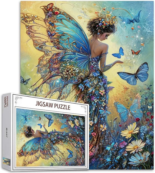 Tucocoo Beautiful Pixie Fairy Jigsaw Puzzles for Adults 1000 Pieces, Blue Butterfly Elf Art Jigsaw Puzzle 20 x 27 Inch Colorful DIY Puzzles for Home Decoration, Family Puzzle Perfect for Game Nights