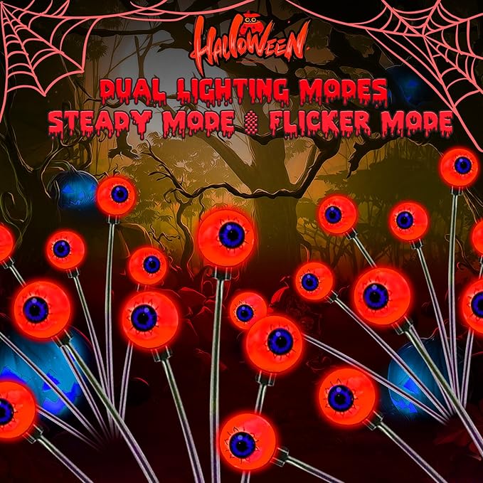 Halloween Decorations Outdoor, 2 Pack Solar Swaying Eyeball Lights, Swaying by Wind, Solar Pathway Lights, Halloween Decor with 2 Lighting Modes, Halloween Stake Lights for Garden Yard(Red)