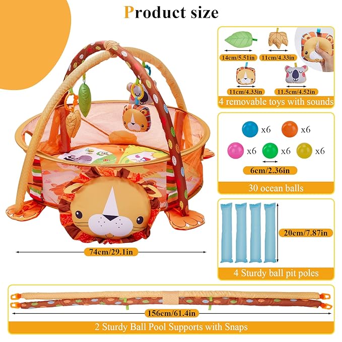 5-in-1 Baby Play Mat,Tummy Time Mat Baby Gym with 30 Balls & 4 Toys,Play Mat for Babies 0-6 Months Baby Play Gym Funny Animal,Lion