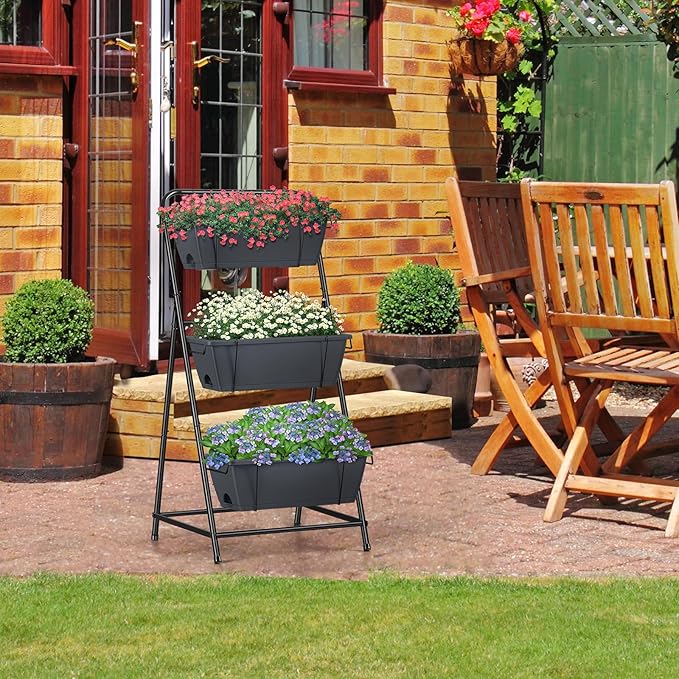 Vertical Garden Planter 3 Tier Raised Garden Bed Herb Garden Planter Outdoor Standing Garden Planter Box with Drainage Holes Removable Tray for Patio Balcony Porch Grey