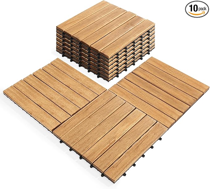 Pack of 10 Deck Tiles - 12"x12" Interlocking Natural Solid Acacia Wood for Outdoor & Indoor, Patio Garden, Balcony, Poolside - Natural6 Color