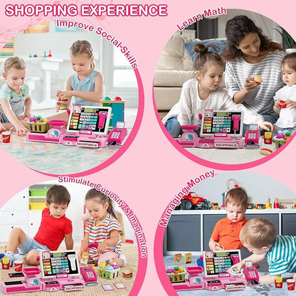 63PCS Cash Register for Kids, Kids Cash Register with Real Calculator, Pretend Play Store with Music/Motorized Conveyor/Play Money/Food Toys, Learning Toys for Boys Girls 3+, Pink